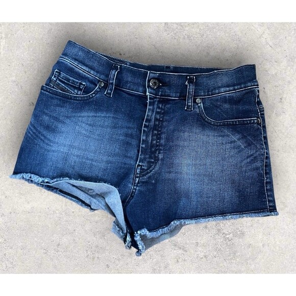 Diesel Industry Waist 27” Size 25 Blue Jean Fringed Hot Pants Shorts Stretch - Picture 1 of 6